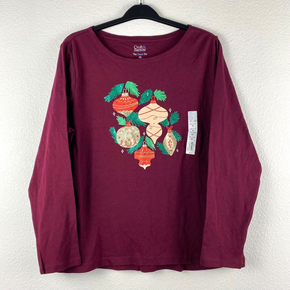 NWT Croft & Barrow Classic Tee‎ Long Sleeve Crew Neck Holiday Plus Size XXL